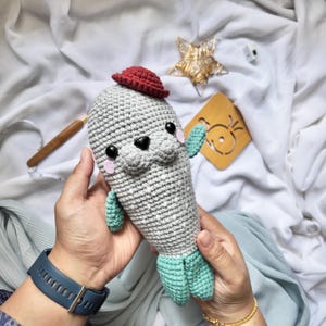 Può includere: Un peluche a forma di foca lavorato all'uncinetto in grigio con un piccolo basco rosso, occhi in plastica nera, naso nero e guance in feltro rosa chiaro. La foca ha pinne e coda verde chiaro, con una superficie in filato testurizzato.
