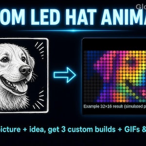 May include: Custom LED hat animation service by Glow Studio LED. The image shows a black and white sketch of a dog next to a colorful, pixelated LED display version of the same dog, labeled as a 32x16 result. Text reads: Send a picture + idea, get 3 custom builds + GIFs & stickers.