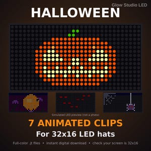 Pode incluir: Um display digital com uma abóbora laranja pixelizada com olhos e boca amarelos sobre uma grade preta. O texto diz HALLOWEEN, 7 ANIMATED CLIPS, For 32x16 LED hats e Glow Studio LED. Inclui três painéis de visualização com uma lua, olhos vermelhos e uma aranha.