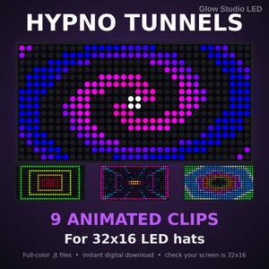 May include: A digital display featuring the text HYPNO TUNNELS and 9 ANIMATED CLIPS For 32x16 LED hats. The main graphic shows a large rectangular LED matrix with a swirling pattern of pink, blue, and purple dots on a black background.