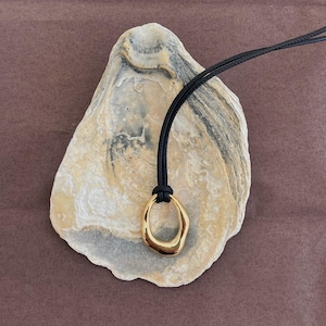 Organic Gold Pendant Necklace, Chunky Gold pendant, Modern Leather Cord Necklace, Adjustable Artisan Choker, Everyday Gold Necklace,Handmade