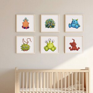 6 Poster Set - Sechs kleine Monster Illustrationen - Helle, lebendige Kunst für Kinderzimmer oder Kinderzimmer - Fantasy inspiriert Babyparty oder Geburtstag