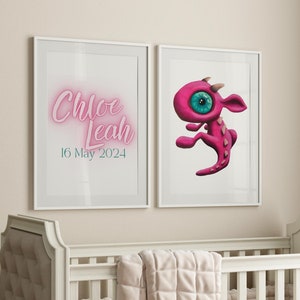 Póster personalizado con anuncio de nombre de bebé con diseño de dragón rosa intenso para habitación infantil, regalo para mamás primerizas, regalo con nombre y fecha para recién nacidos