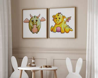 2 x Poster Set - Dragon Poster Set - Peach Puff and Ember - Sweet Creature Art Perfect for Nursery or Children&#39;s Room FairyTale Theme
