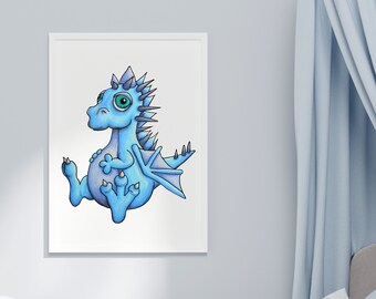 Frostspike Blue Dragon Art Print – Mythical Dragon Illustration – Unique Gift for Fantasy Lovers, Kids Room and Nursery Deor - Birthday Gift
