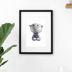 Glücklicher Roboter Kunstdruck - Gleemo der grinsende Bot - Digitale Wandkunst für Kinder & Erwachsene - Verspieltes Wohndekor fürs Kinderzimmer - Baby Geschenk