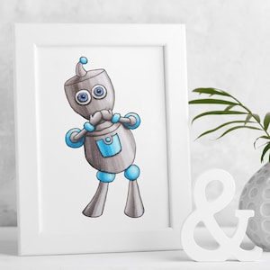 Space Robot Art Print - Boltz the Bashful Bot Artwork for Kids Rooms, Nursery Wall Decor, Sci-Fi Space Decor - Space Theme Baby Shower Gift
