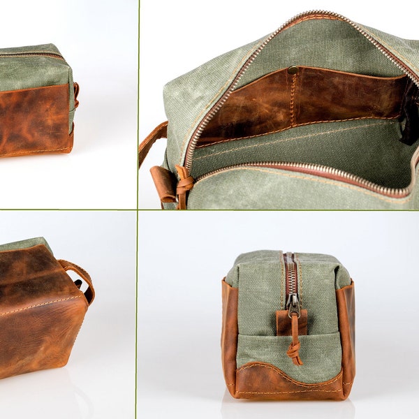 Gewachstes Canvas Dopp Kit für Männer mit Ledertaschen, Groomsmen Leder Kulturtasche, Logo gravierte Dopp Tasche, Geschenk für Ehemann