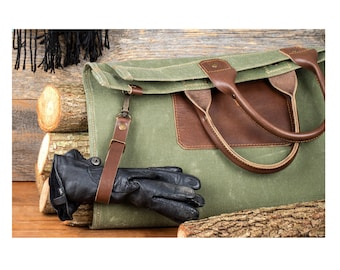 Personalised Leather and Waxed Canvas Firewood Carrier, Log Carrier