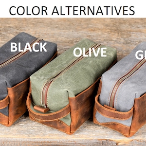 Personalized Leather and Waxed Canvas Dopp Kit, Groomsmen Leather toiletry bag men, Logo Engraved Dopp Bag, Gift for Husband image 10