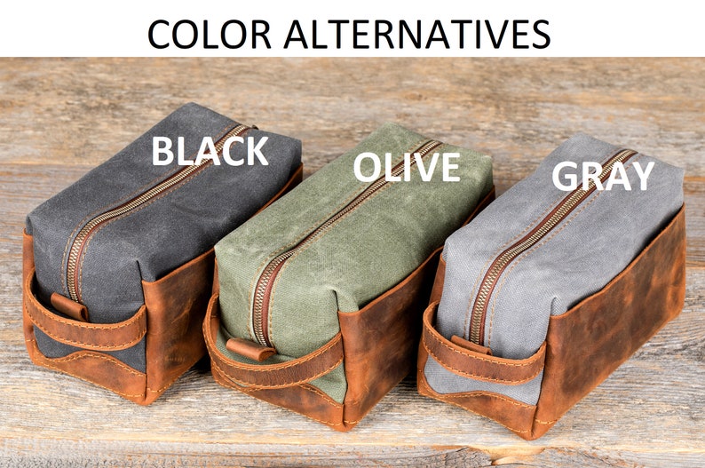 Personalized Leather and Waxed Canvas Dopp Kit, Groomsmen Leather toiletry bag men, Logo Engraved Dopp Bag, Gift for Husband image 10