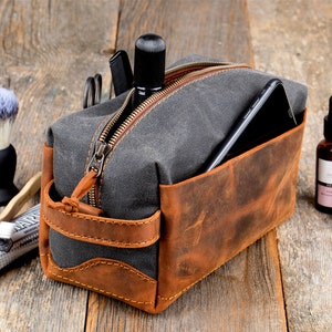 Personalized Leather and Waxed Canvas Dopp Kit, Groomsmen Leather toiletry bag men, Logo Engraved Dopp Bag, Gift for Husband image 4