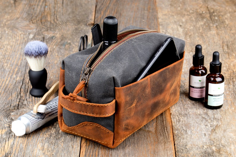Personalized Leather and Waxed Canvas Dopp Kit, Groomsmen Leather toiletry bag men, Logo Engraved Dopp Bag, Gift for Husband image 4