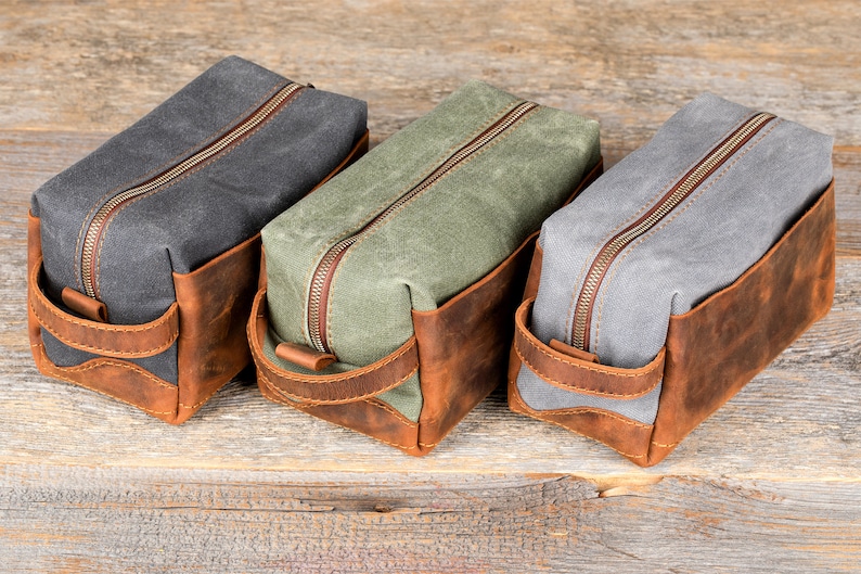 Personalized Dopp Kit in Leather and Waxed Canvas, Groomsmen Leather toiletry bag men, Logo Engraved Dopp Bag, Gift for Husband image 1