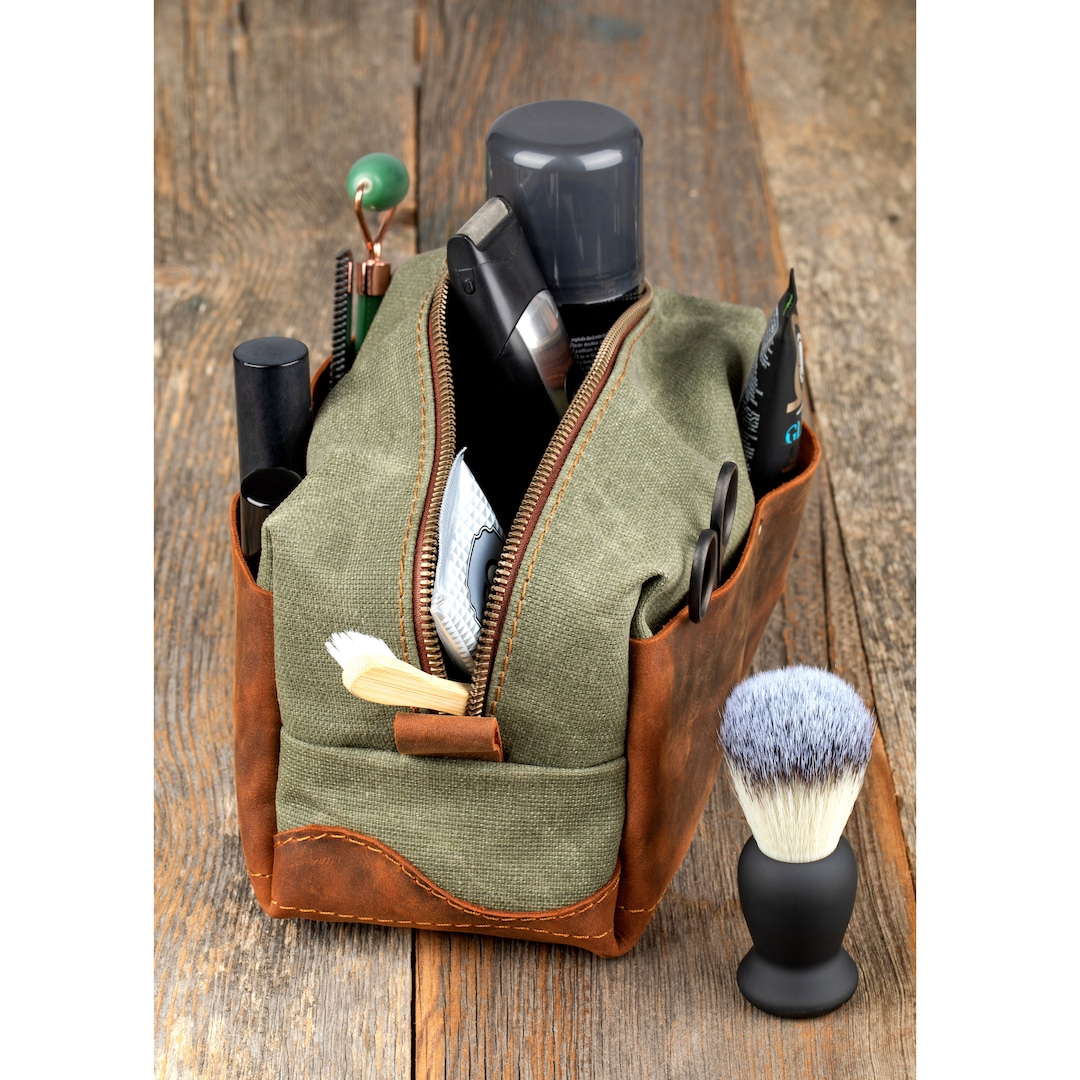 Waxed Canvas Dopp Kit for Men With Leather Pockets, Groomsmen Leather