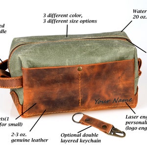 Personalized Leather and Waxed Canvas Dopp Kit, Groomsmen Leather toiletry bag men, Logo Engraved Dopp Bag, Gift for Husband image 2