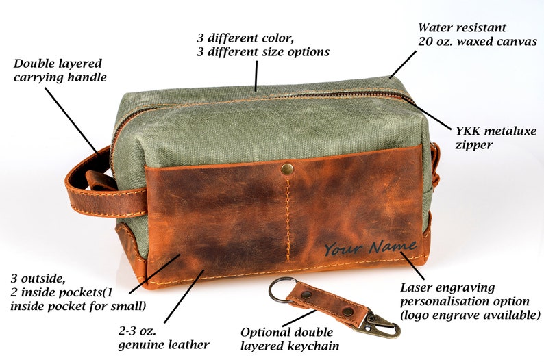 Personalized Leather and Waxed Canvas Dopp Kit, Groomsmen Leather toiletry bag men, Logo Engraved Dopp Bag, Gift for Husband image 2