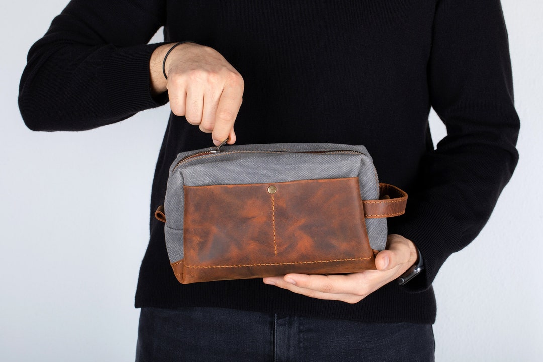 Waxed Canvas Dopp Kit for Men , Groomsmen Leather Toiletry Bag, Logo