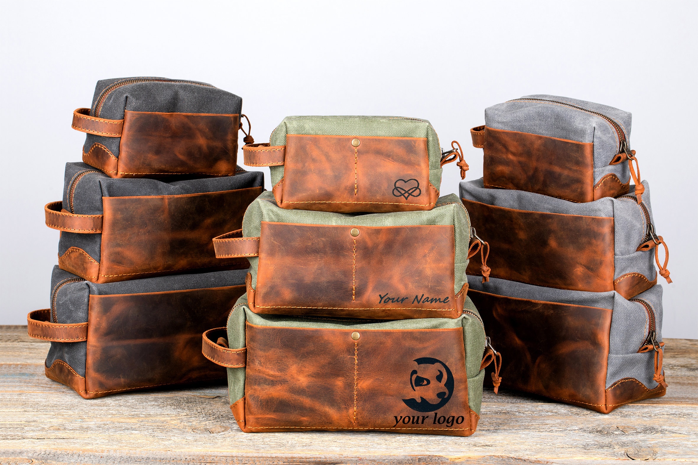 Waxed Canvas Dopp Kit for Men With Leather Pockets, Groomsmen Leather