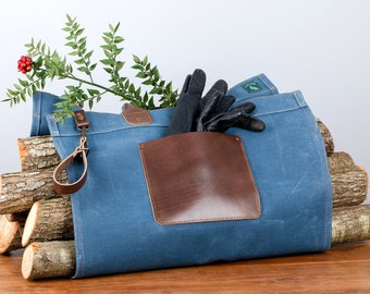 Leather and Waxed Canvas Firewood Carrier, Personalized Log Carrier