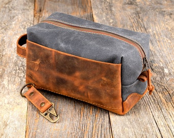 Toiletry Bag for Men Leather and Waxed Canvas, Groomsmen Leather Dopp Kit, Logo Engraved Dopp Bag, Gift for Husband