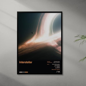 May include: A black and white poster with a minimalist design featuring a black hole and the text "Interstellar" in orange. The poster is framed in black and has a white border.