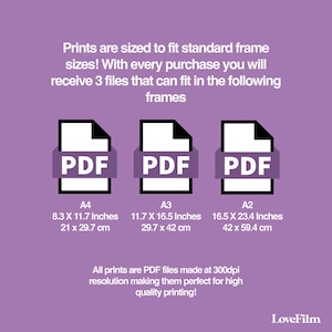 May include: Three PDF files showing the different sizes of prints available. The sizes are A4, 8.3 x 11.7 inches, 21 x 29.7 cm; A3, 11.7 x 16.5 inches, 29.7 x 42 cm; and A2, 16.5 x 23.4 inches, 42 x 59.4 cm. All prints are made at 300dpi resolution.