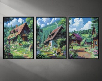 Cat Village Anime Art Prints – Studio Ghibli Inspired (Digital Download)