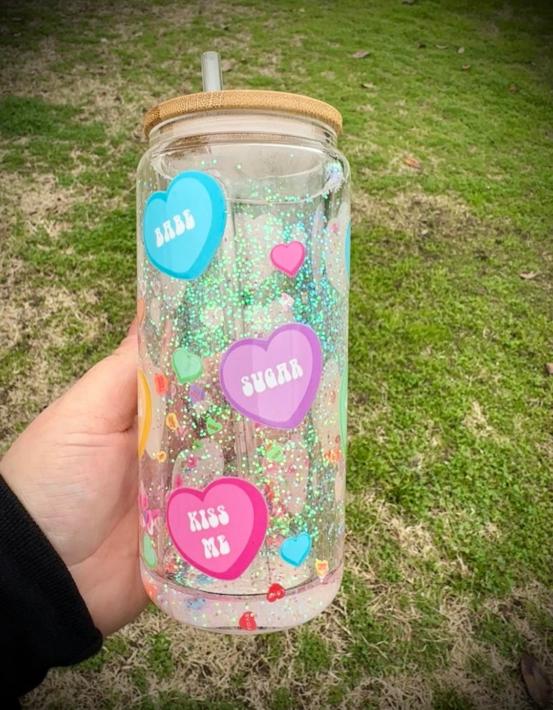 16oz Glass Can Snow Globe Glass Can Personalized Cup Glitter Reusable