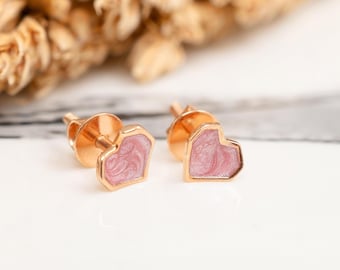 Pink Heart Enamel 925 Sterling Silver Earrings Rose Gold Finish Gift for Girlfriend