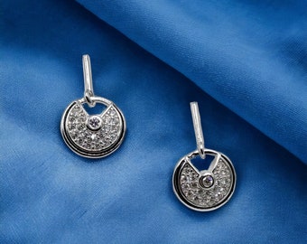 925 Sterling Silver CZ Round Dangler Earrings Wheel Shaped Earrings Dangler Solid Silver Minimalist Handmade Gift for Mother