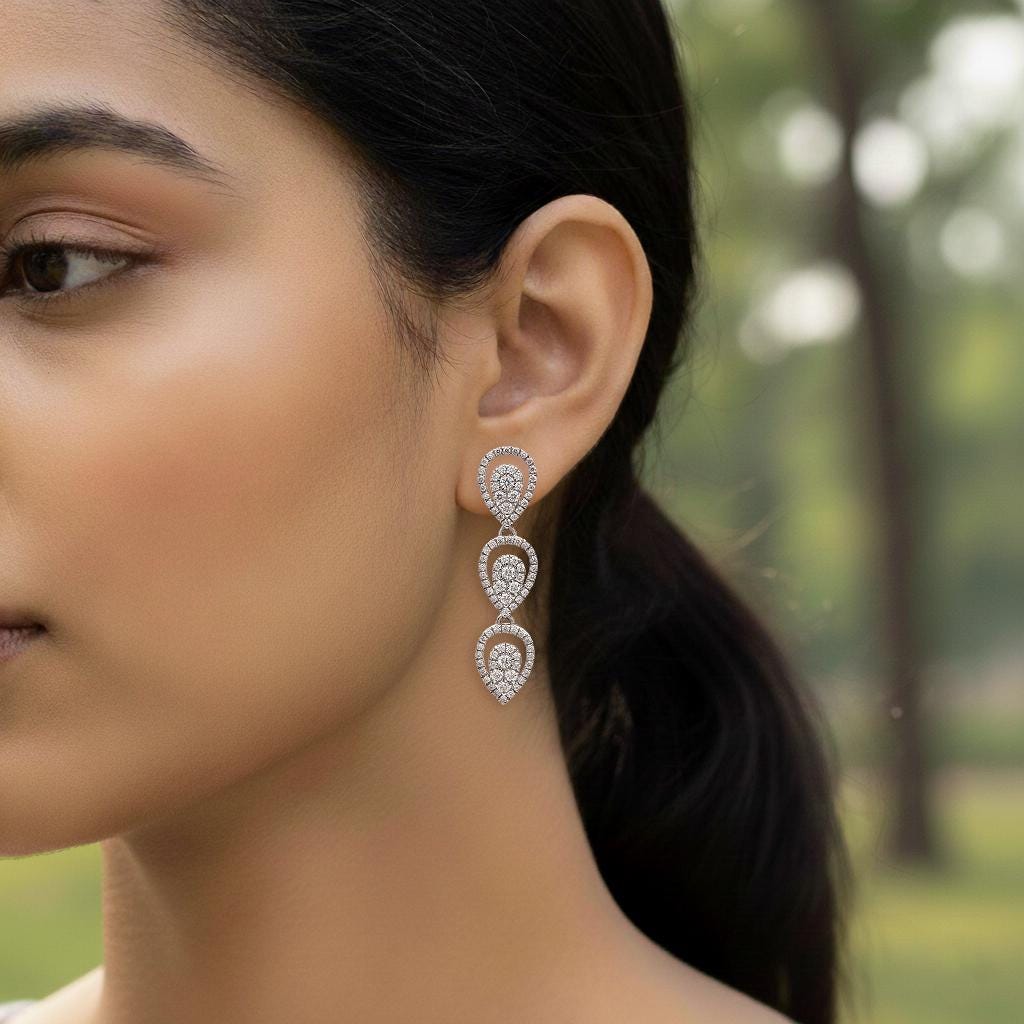 Triple Teardrop CZ Dangle Earrings, 925 Sterling Silver, Bridal