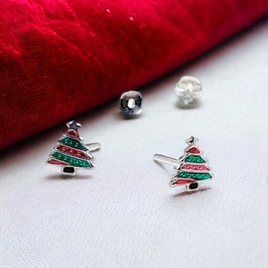 925 Sterling Silver Cute Tree Ear Studs Tiny Christmas Kids Earrings Enamel Cartilage Ear Studs Girls Earrings Minimalist Handmade Gift