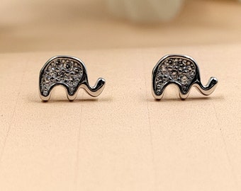 Cute Elephant Earrings Gift Studs Cubic zirconia Cute Fun Quirky Animal Jewellery Nature Inspired Studs with Push back 925 Sterling Silver