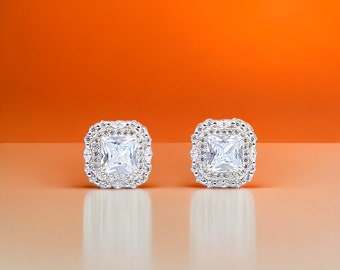 Sterling Silver Cubic Zirconia Halo Stud Earrings: Bridal Gift (13x13 mm)