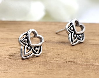Oxidized Sterling Silver Heart Stud Earrings: Minimalist Bali Design