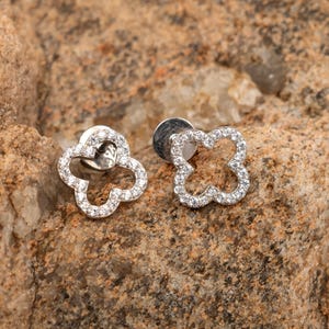 Sterling Silver Clover Stud Earrings: Cubic Zirconia Pave, Good Luck Jewelry