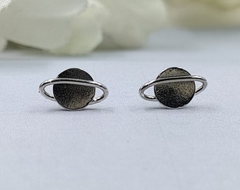 Saturn Planet Stud Earring Silver Celestial Jewelry Crescent Minimalist Space Earring Handcrafted Gift Stud with Pushback Sterling 925