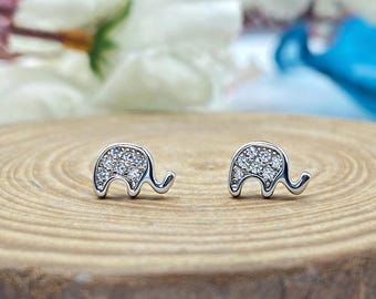 Sterling Silver Elephant Stud Earrings, Cute CZ Animal Earrings, Minimalist Dainty Jewelry, 925 Silver Gift for Her, Everyday Wear Studs