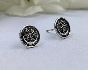 Halloween Oxidized Sterling Silver Star Moon Stud Earrings: Boho Jewelry