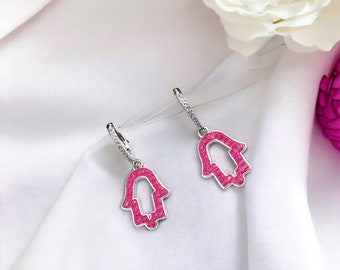 Hamsa Hand Pink CZ 925 Sterling Silver Hoop Earrings: Boho Gift