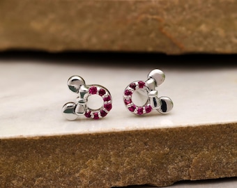Pendientes de botón de Mickey Mouse en plata de ley, joyería con gema roja