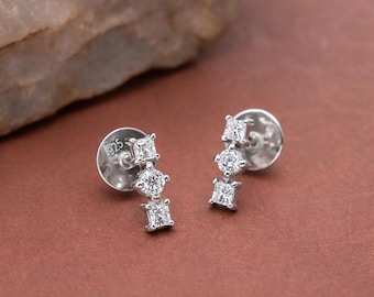 925 Sterling Silver Trio CZ Stud Earrings, Minimal Dainty Diamond Look Studs