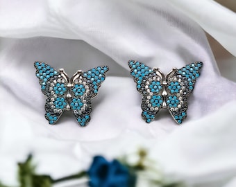 Blue CZ Butterfly Stud Earrings: 925 Sterling Silver Handmade Jewelry