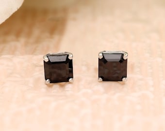 Black CZ Stud Earrings: 925 Sterling Silver Square Stone