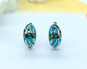 Blue Enamel 925 Sterling Silver Earrings: Art Deco Rhodium Finish-Size 18 x 9 MM