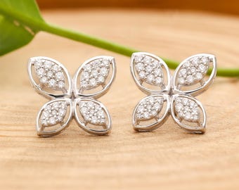 CZ Flower Stud Earrings: 925 Sterling Silver Floral Jewelry
