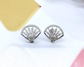 CZ Fan Earrings: 925 Sterling Silver Handmade Studs