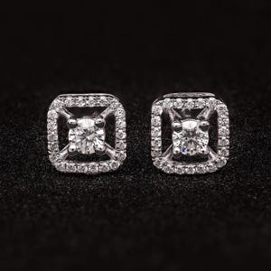 925 Sterling Silver Cushion Cut CZ Stud Earrings, Halo Square Studs, Classic Sparkling Jewelry, Bridal Gift, Elegant Women Earrings