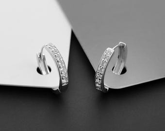 Dainty 925 Sterling Silver Hoop Earrings: Minimal CZ Huggie Hoops-Size 17 x 3 MM